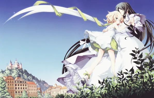 The sky, grass, nature, the city, castle, girls, home, anime