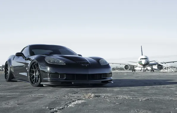 Picture asphalt, the plane, sports car, corvette