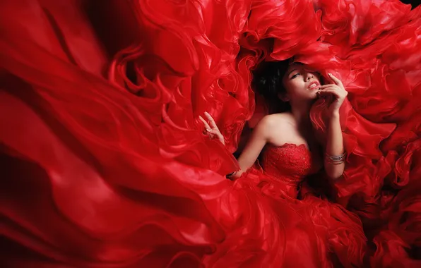 Picture girl, background, red, dress