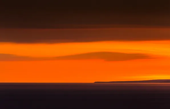 Picture sea, clouds, sunset, island, horizon, orange sky