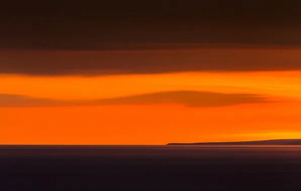 Sea, clouds, sunset, island, horizon, orange sky