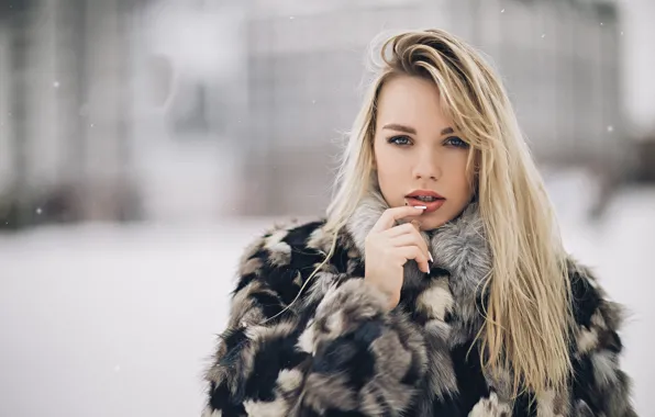 Winter, snowflakes, portrait, makeup, hairstyle, blonde, coat, fur
