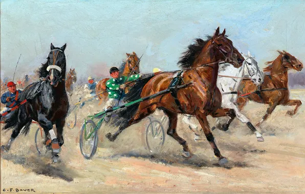 Running, Picture, Horse, Strollers, Horse racing, Karl Franz Bauer, The hippodrome, Carl Franz Bauer