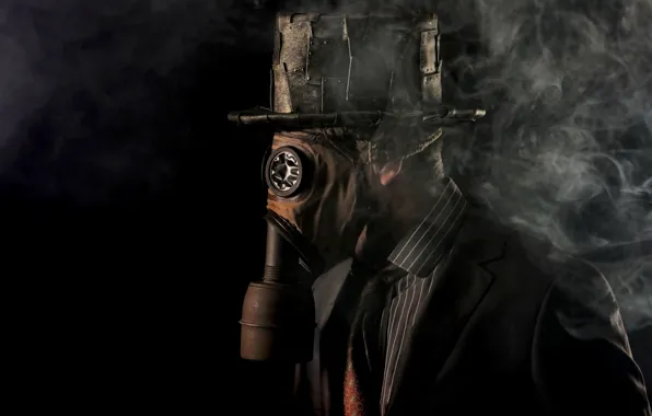 Picture smoke, people, gas mask