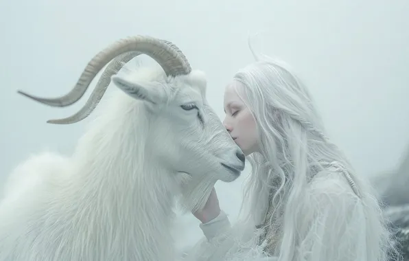 White, girl, kiss, goat