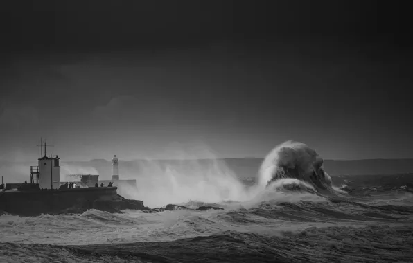 Storm, lighthouse, troubled sea, big waves