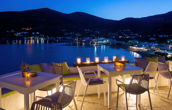 Mountains, the city, lights, Bay, the evening, Greece, restaurant, terrace