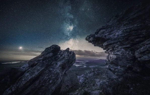 The sky, stars, clouds, mountains, night, rocks, height, The milky way