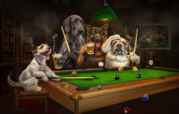 Language, dogs, look, the dark background, rendering, table, stay, balls