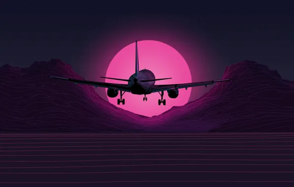 Picture The sun, Music, The plane, Background, Neon, 80's, Synth, Retrowave