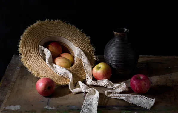 The dark background, table, apples, hat, red, still life, items, straw
