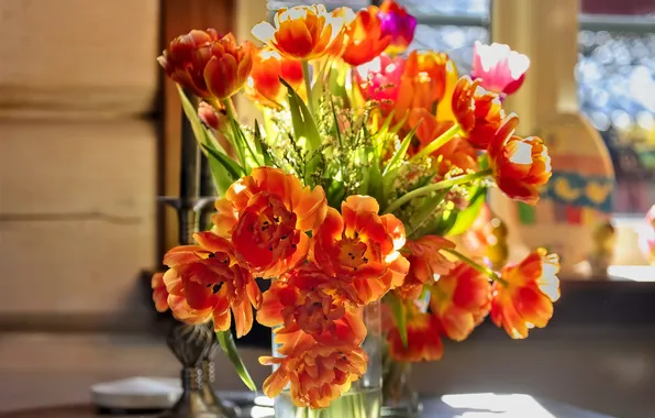 Light, flowers, bright, bouquet, spring, tulips, orange, bokeh