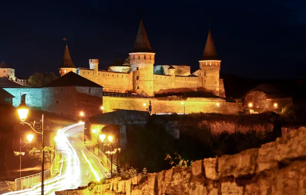 Road, night, lights, castle, wall, lights, tower, fortress