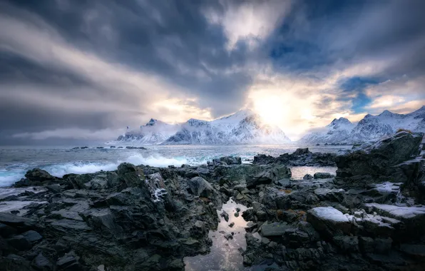 Wallpaper Norway, stones, mountains, Winter in Mordor, surf