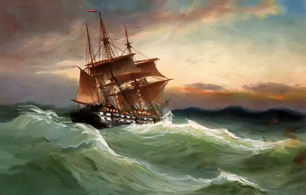 Sea, wave, the sky, landscape, storm, ship, picture, sails