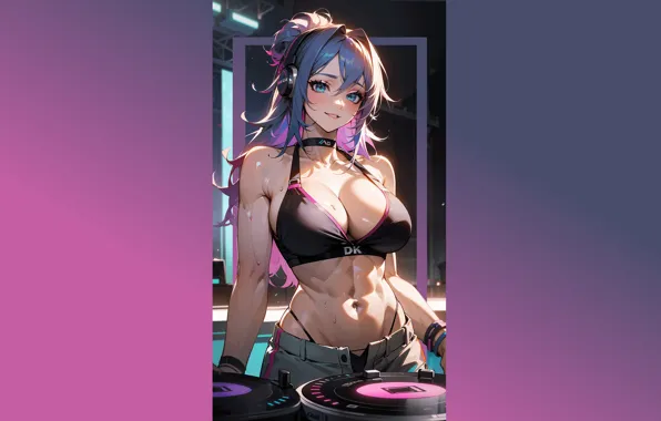 Girl, hot, sexy, boobs, muscle, anime, headphones, pretty