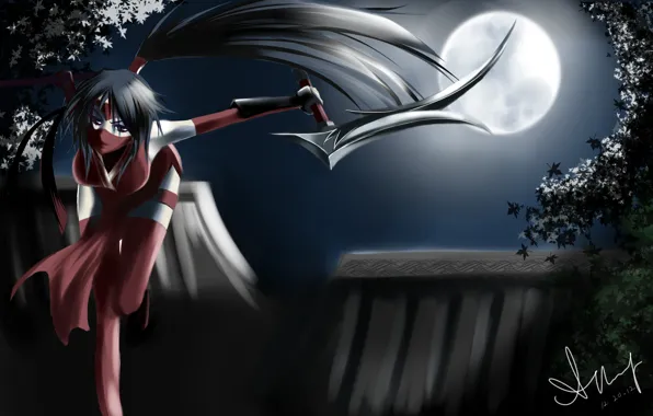 Picture girl, night, weapons, the moon, art, league of legends, akali, blackrosekjl