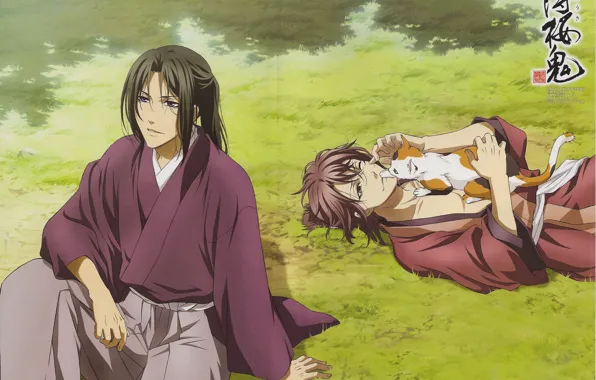 Picture summer, grass, guy, kimono, kitty, two, art, Okita Souji