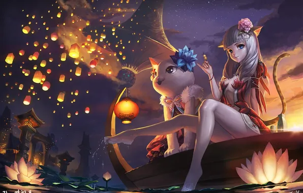 Picture cat, water, girl, night, lights, art, Lotus, neko