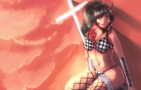 Girl, cross, stockings, bikini, horns, succubus, simple background