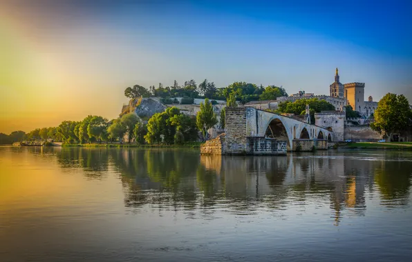 Picture trees, sunset, bridge, river, rocks, shore, France, Cathedral