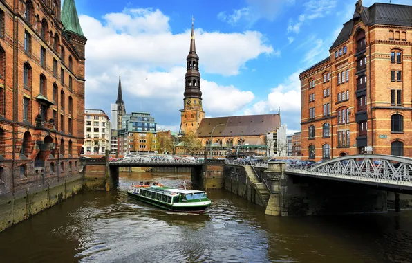 The sky, clouds, bridge, city, the city, river, building, Germany