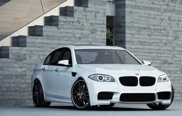 Picture white, bmw, BMW, white, f10, daylight, the grey building, sports sedan