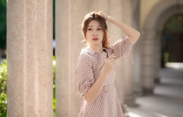 Summer, girl, the city, pose, street, model, dress, Asian