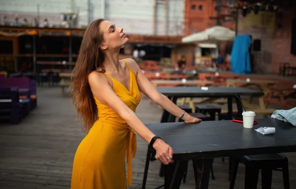 Girl, pose, table, Catherine, long hair, closed eyes, yellow dress, Dmitry Shulgin
