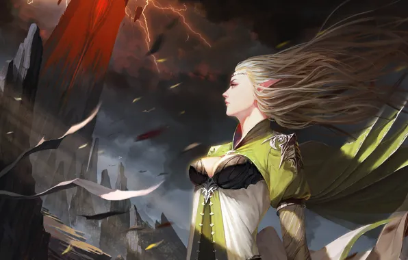 The storm, girl, storm, stones, rocks, the wind, lightning, hair