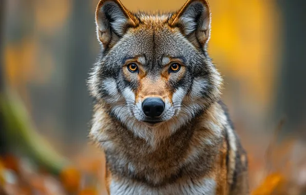 Autumn, look, face, grey, wolf, portrait, bokeh, AI art