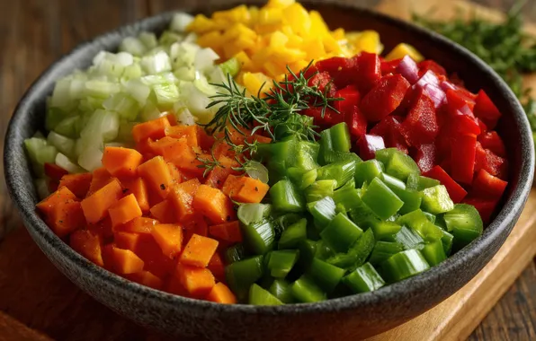 Cubes, dill, bowl, vegetables, carrots, different, cutting, salad