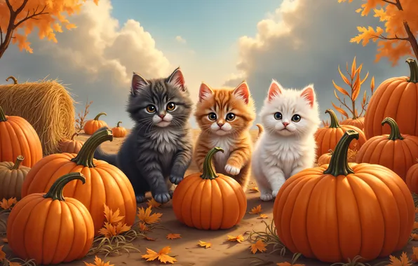 Autumn, white, the sky, look, clouds, cats, pose, kitty