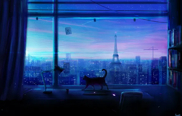 Cat, the city, room, window, art, skyscrapers, Lonely Night, Rico De Zoysa