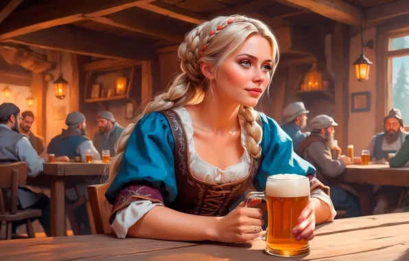 Girl, Germany, Blonde, People, Mug, Beer, Oktoberfest, Digital art