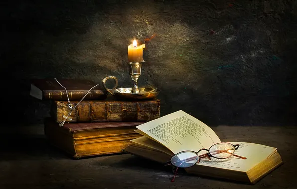 Picture candles, glasses, book, cross