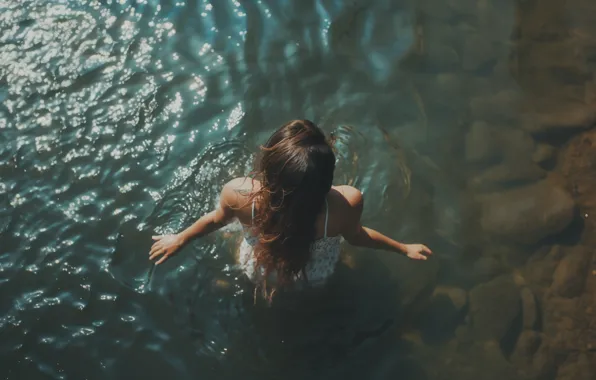 Sea, water, girl, stones, dress, pond, the view from the top, digital art