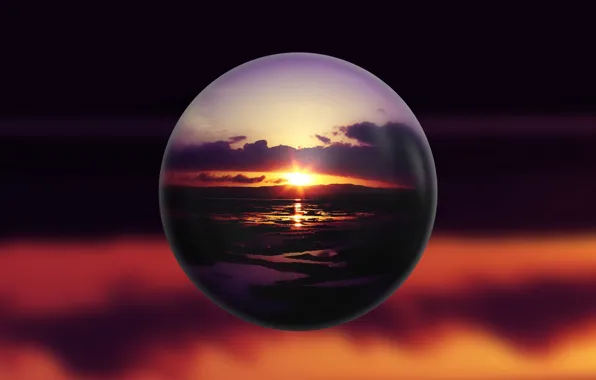 Picture reflection, ball, the evening, art, sunset, reflection, sphere, mirror sphere