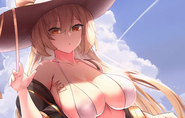 Girl, sexy, cleavage, sky, long hair, hat, boobs, anime