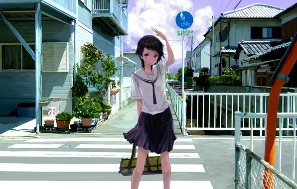 Picture road, girl, the city, street, anime, Sunny day, art, Mikipuruun No Nae Soon