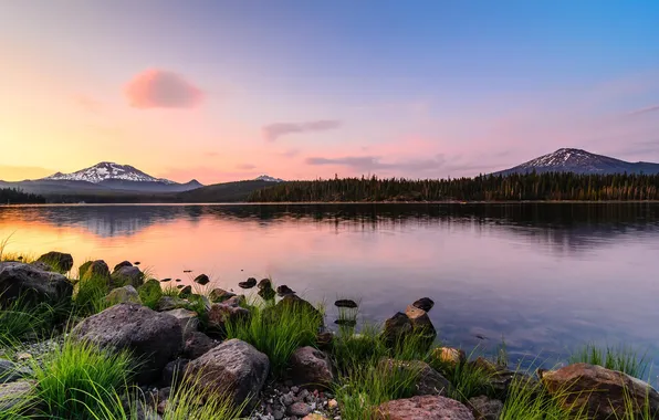 Forest, mountains, nature, lake, rasvet