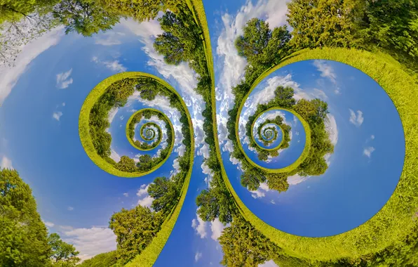 Greens, clouds, trees, spiral, creative