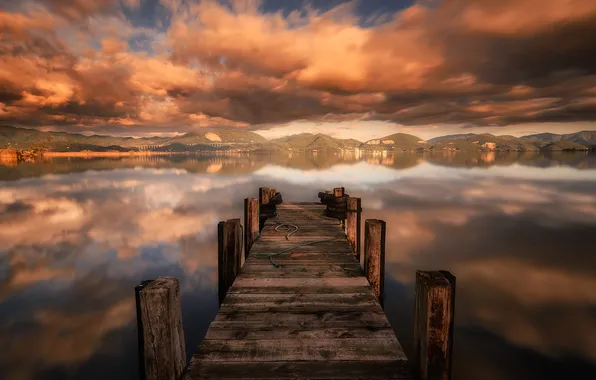 Sunset, cloud, lake, pier