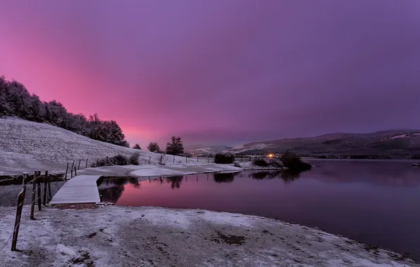 The sky, mountains, lake, glow, the bridge