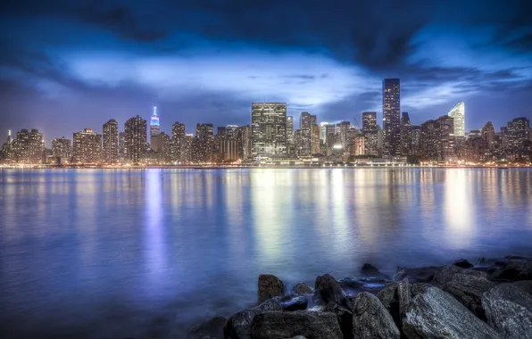 Picture the city, river, stones, shore, the evening, megapolis, New York, East River