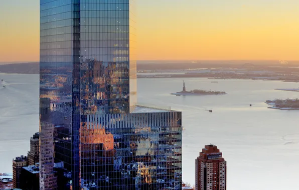 Picture landscape, island, skyscraper, New York, USA, the statue of liberty