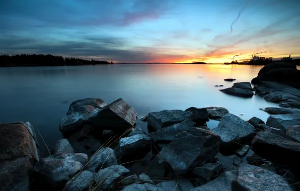Sea, landscape, sunset, stones