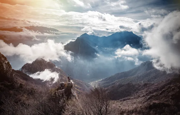 The sun, clouds, mountains, valley, male, adventure