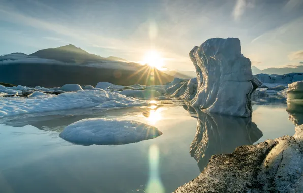 Cold, winter, the sun, light, snow, mountains, reflection, shore