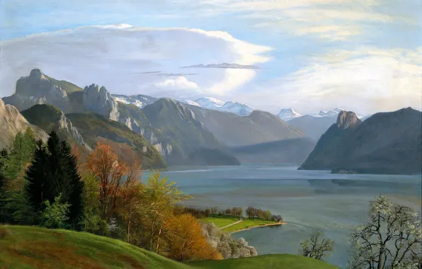 Mountains, Lake, Trees, Picture, German artist, Hans Frank, Traunsee Lake view, Hans Frank